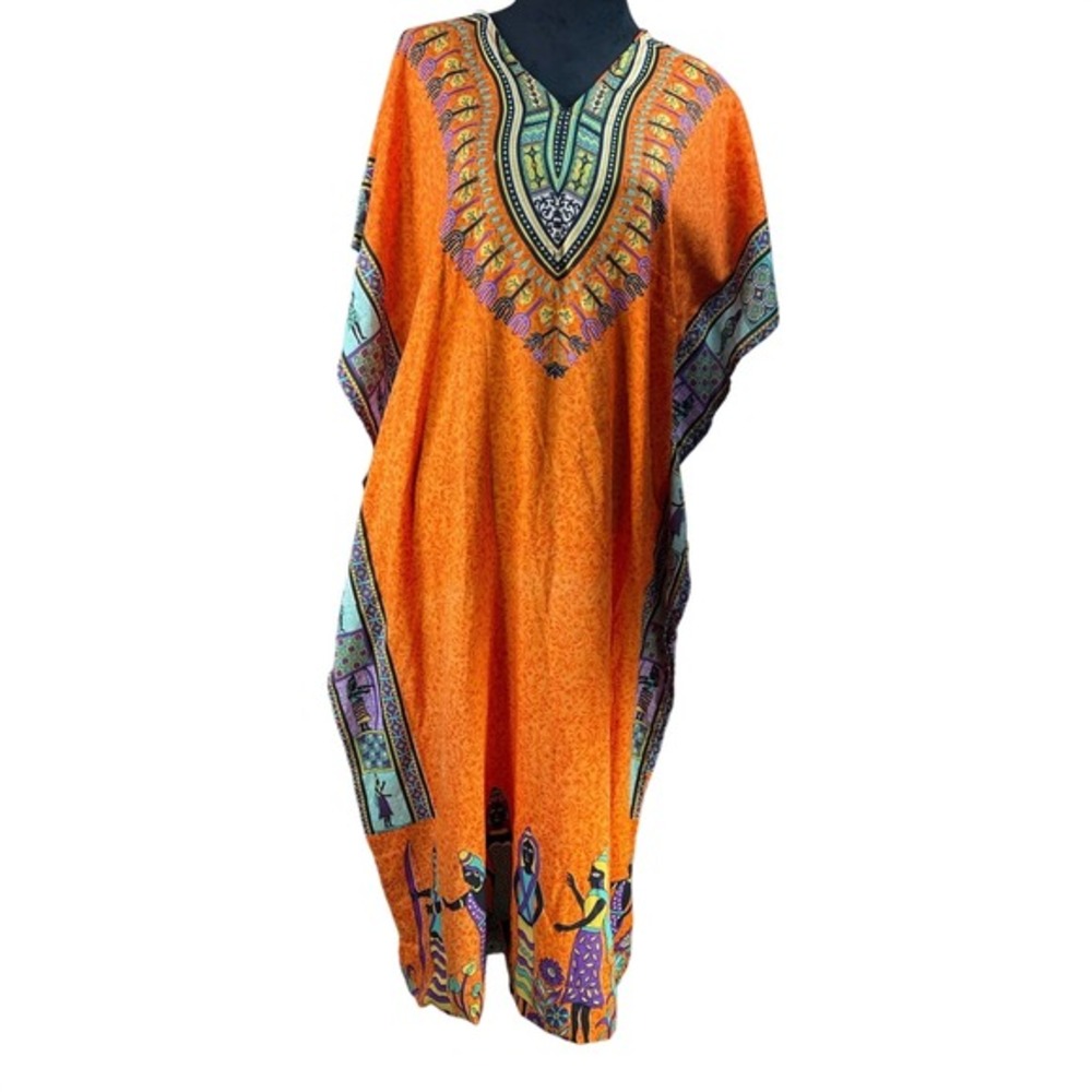 Ana & Rose‎ Orange Dashiki Print Kaftan Maxi Dress One Size  tribal flowy